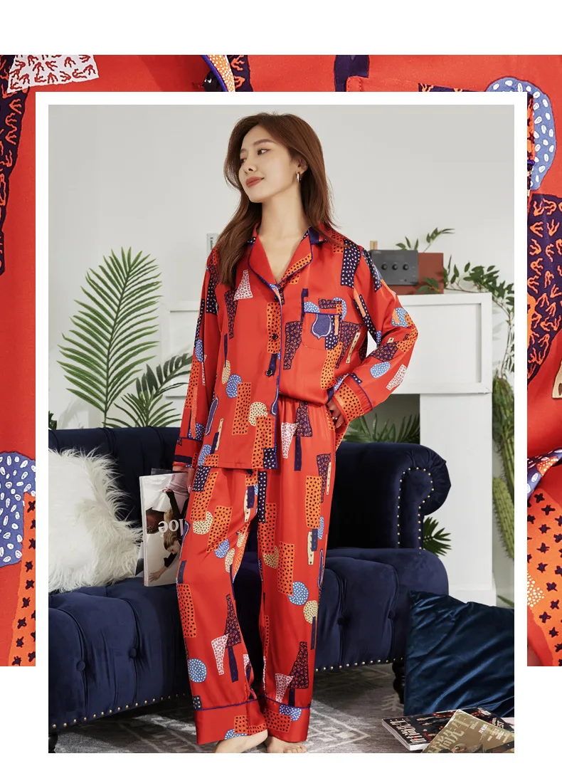 Women's 2 Piece Pajamas Sets Spring Floral Pijama Ice Silk Female Pyjama Sleepwear Long Sleeve Shirt Pants Homewear Loungewear