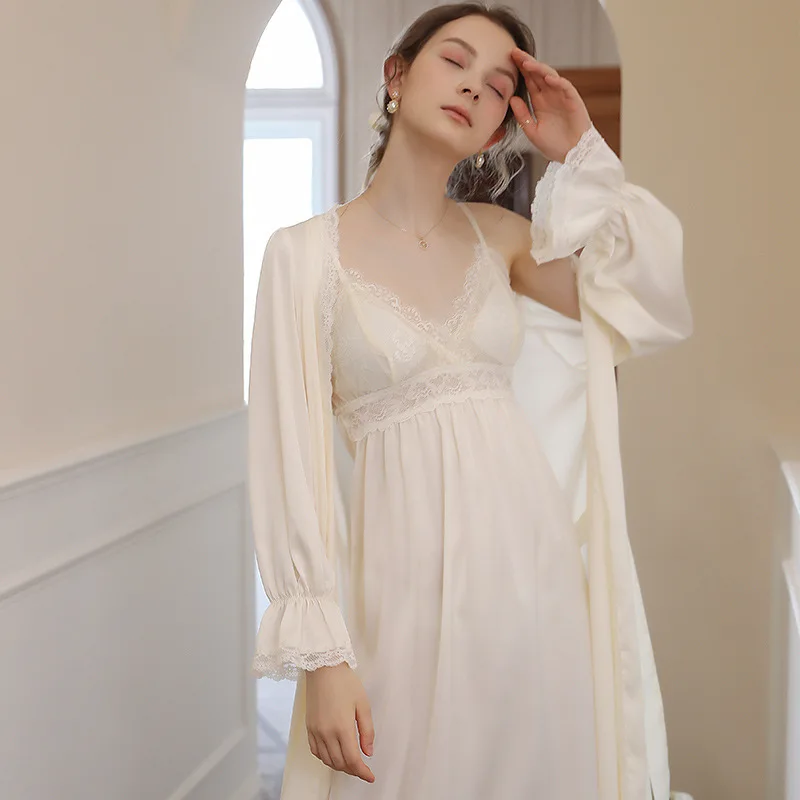

Sexy Lace Patchwork Robe Set Women Sleepwear 2 Pieces Nighty&Robe Suit Satin Nightwear Lounge Wear Casual Intimate Lingerie
