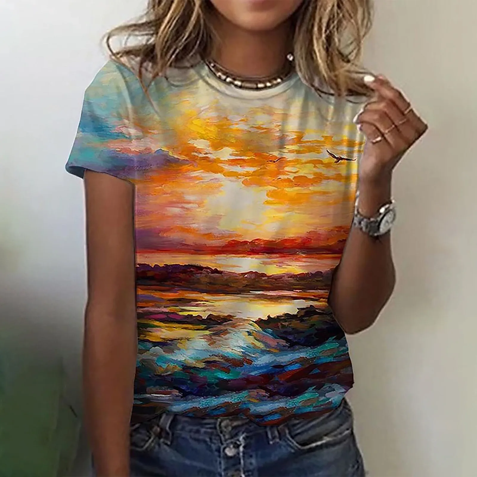 

Womens Daily Summer Floral Print O Neck Tank Tops Short Sleeve Workout Shirts Casual Loose Tees Womens Tees T Shirts Classic