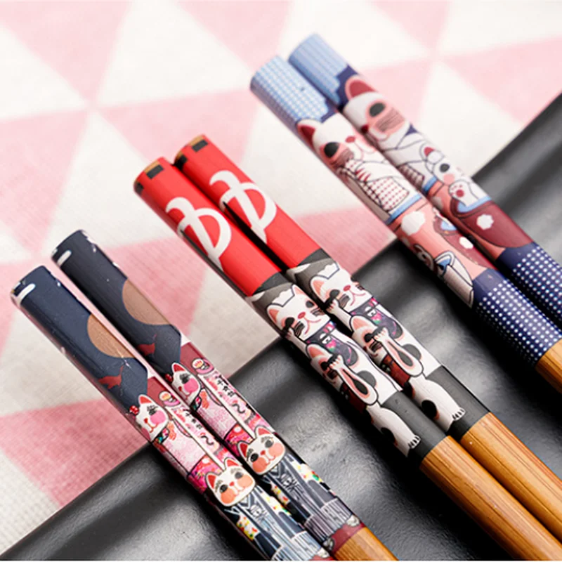 

1Pair Reusable Handmade Bamboo Japanese Natural Wood Chopsticks Sushi Food Cat Flower Multi Color Wooden Chop Sticks Home Picnic