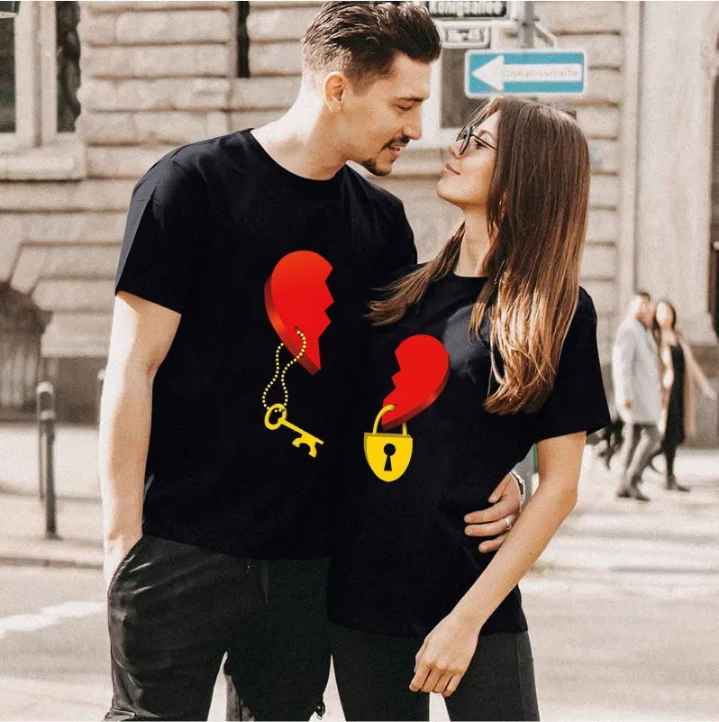 Love Print T-shirt 2023 Valentine's Day New Couple Love Key Lock Print Loose Pullover Short-sleeved T-shirt Women Clothes