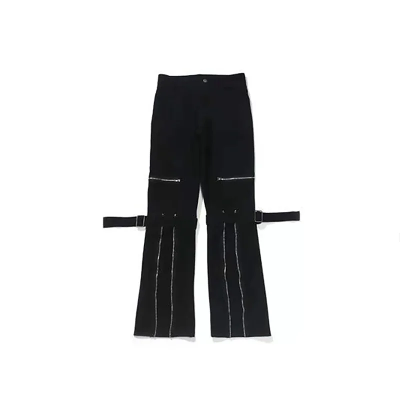 DEEPTOWN Techwear Cargo Micro-flared Jeans for Men Black Pants Designer Hip Hop Denim Trousers Male Zippers Streetwear Spring