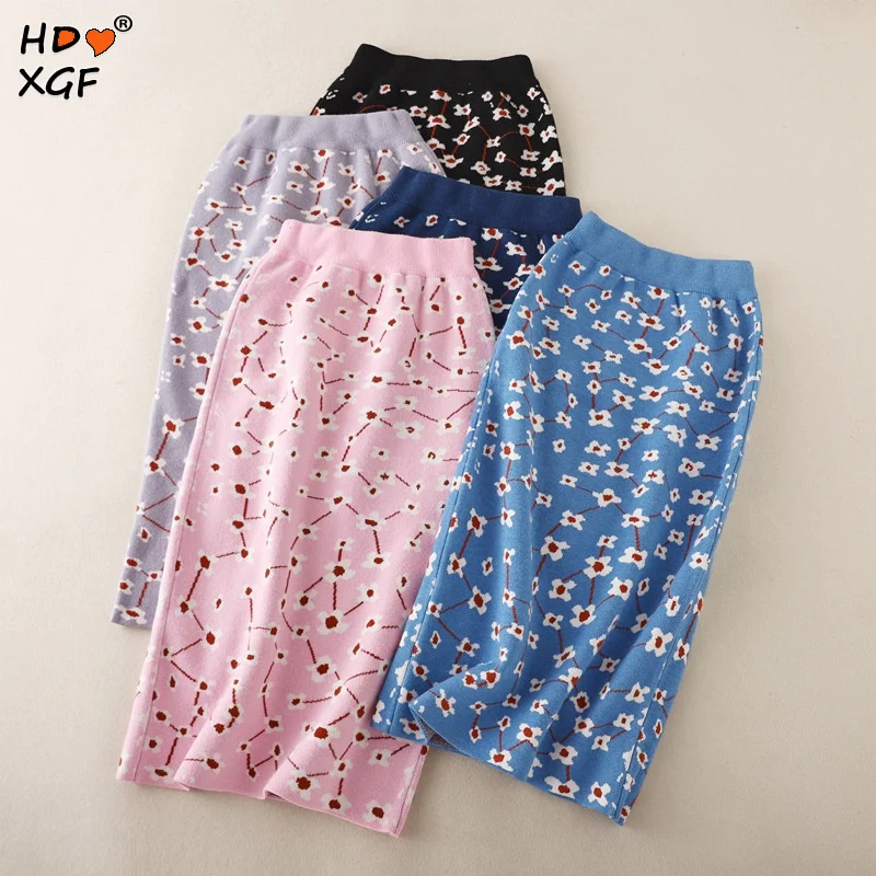 

Autumn Winter Small Fresh Broken Flowers Knitted Mini Skirt Women Fashion High Waist Hip Wrap A-line Mid-length Skirts Female
