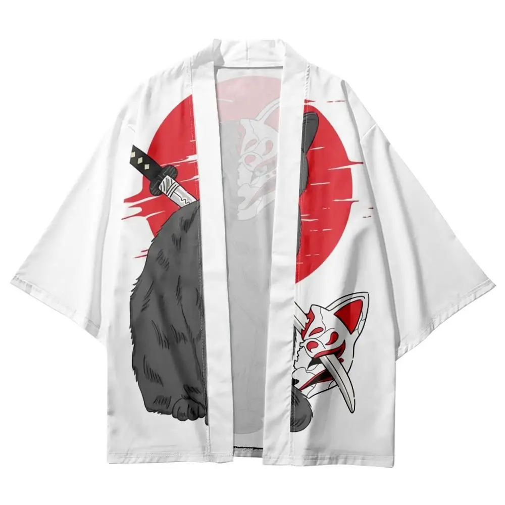 

Summer Men Women Looser Cardigan Cartoon Samurai Cat Mask Printed Japanese Kimono Beach Shorts Yukata Clothing Harajuku Haori