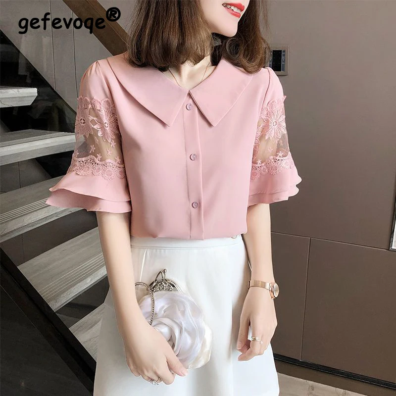 

Women's Mesh Lace Patchwork Elegant Sweet Button Up Shirt Summer Fashion Solid Short Sleeve Blouse Chic Fairy Tops Female Blusas
