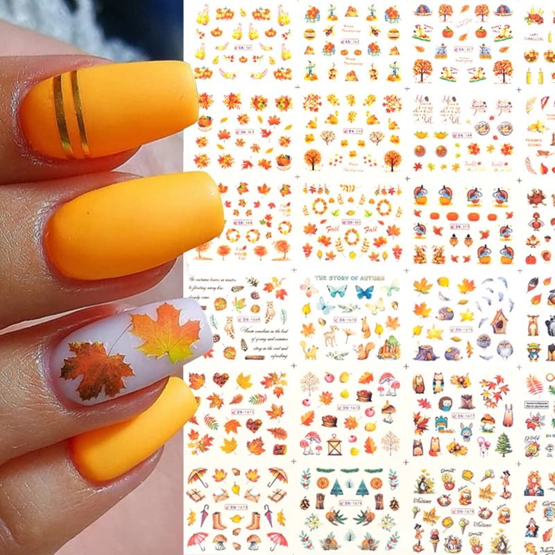 

1PC Autumn Leaf Nail Stickers Maple Leaves Tree Fruit Animal 3D Watermark Transfer Decals Nail Art Decorations Manicure Sliders