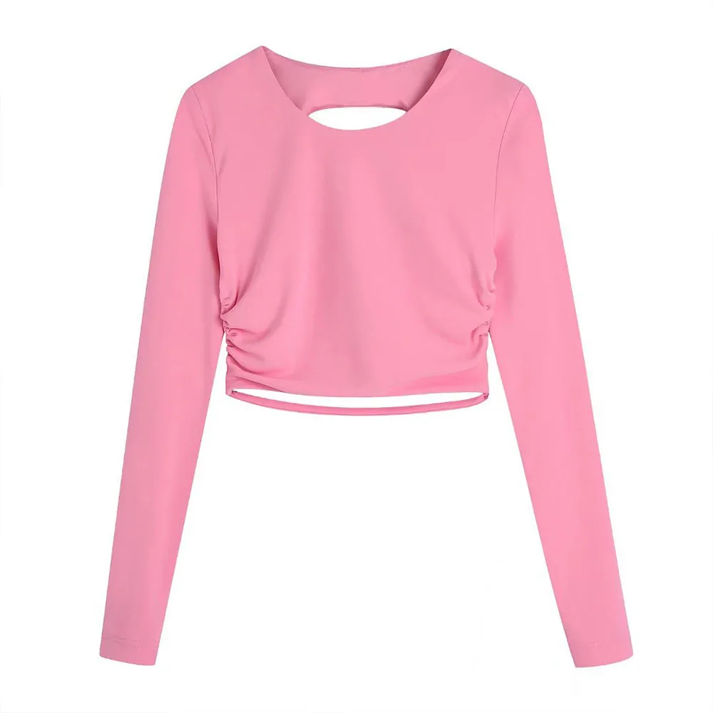 

Women's 2022 Spring New Fashion Pleated Decorative Short Tops Slim Fit Round Neck Long Sleeves Open Back Design Women's Shirts