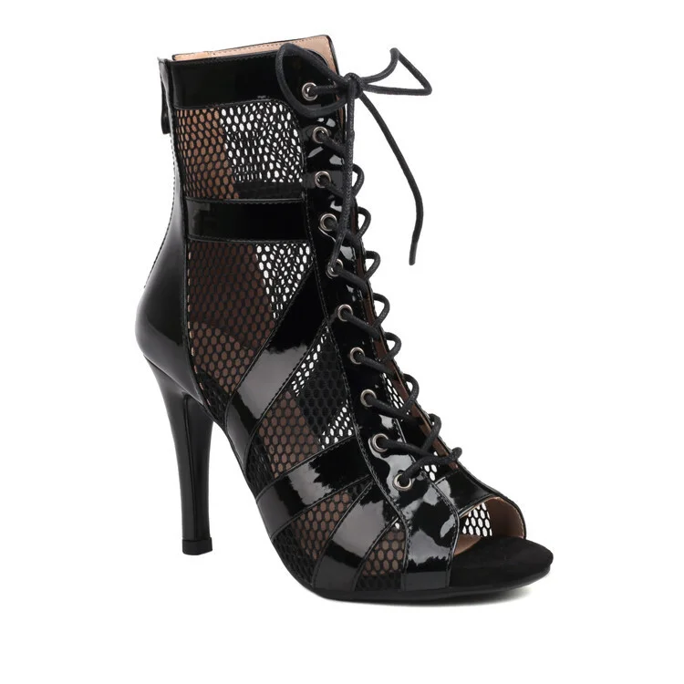 2023 New Black Mesh Peep Toe Cool Sandal Front Lace Up Back Zipper High Heels Sandals For Women