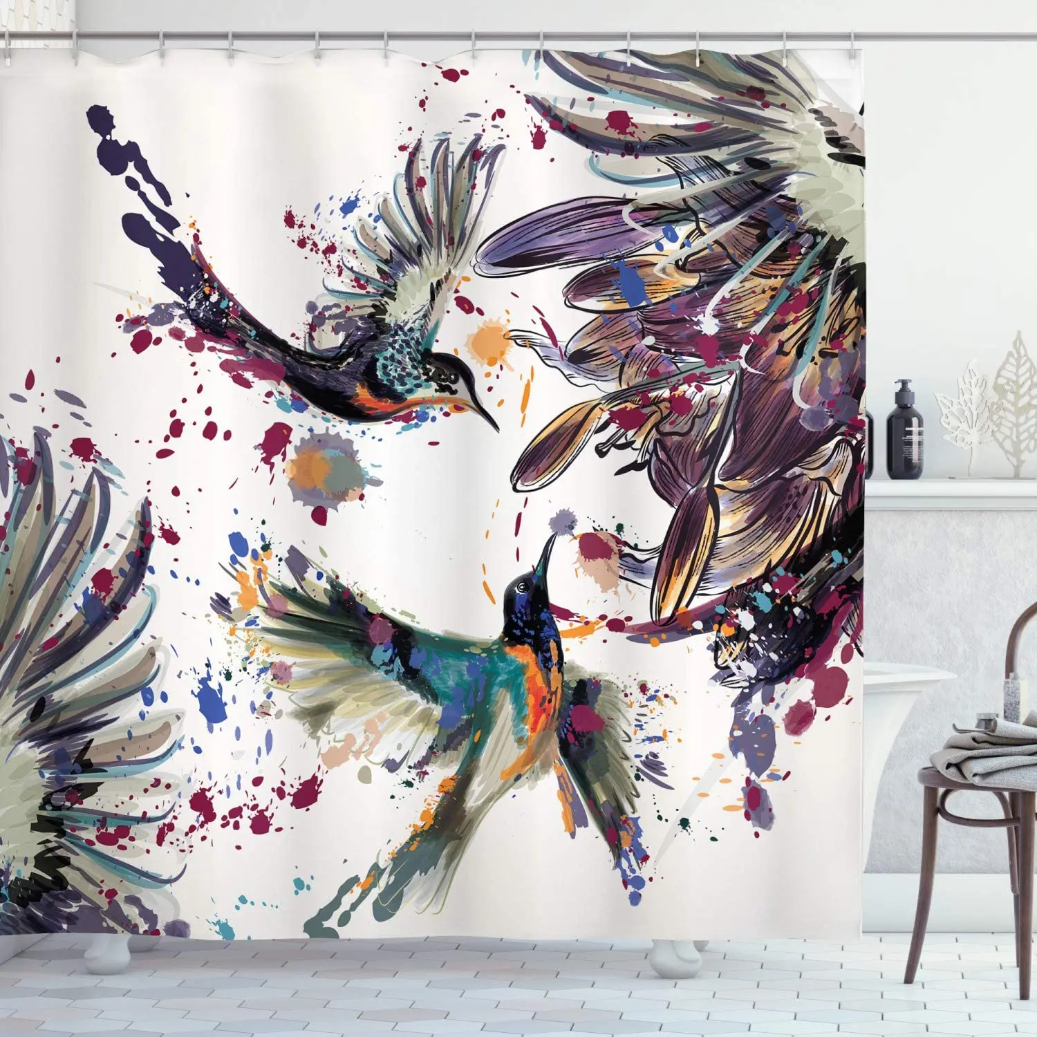 

Hummingbird Shower Curtain, Art with Lily Flowers Birds and Color Splashes in Watercolor Painting Style