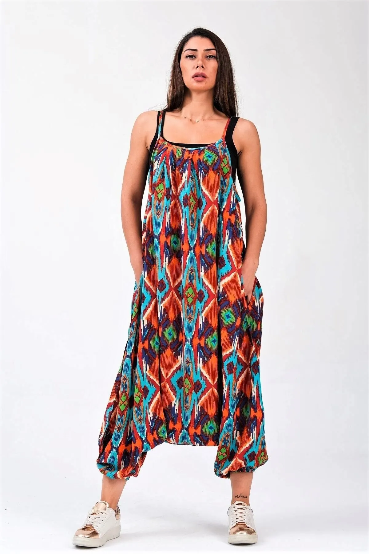 

Женский комбинезон, синий комбинезон с узором из шальваров на веревочках, Модный повседневный комбинезон без рукавов, мешковатые брюки, ком...