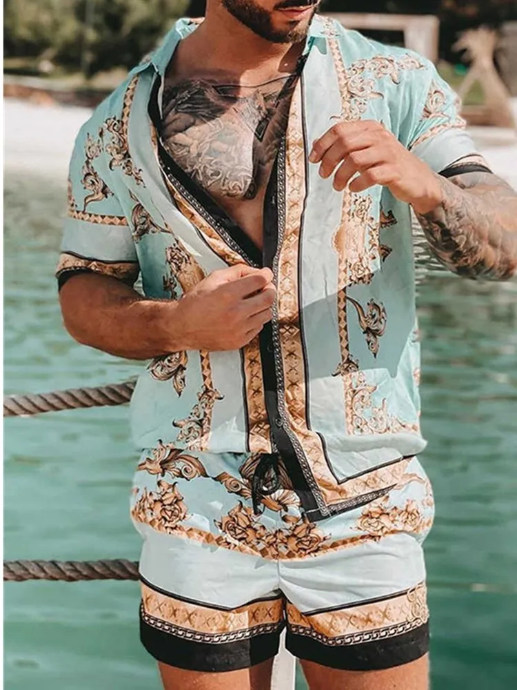 

2022 New Fashion Hawaiian Shirt Set Mens Printing Set Short Sleeve Summer Casual Floral Shirt Beach Two Piece Men Sets