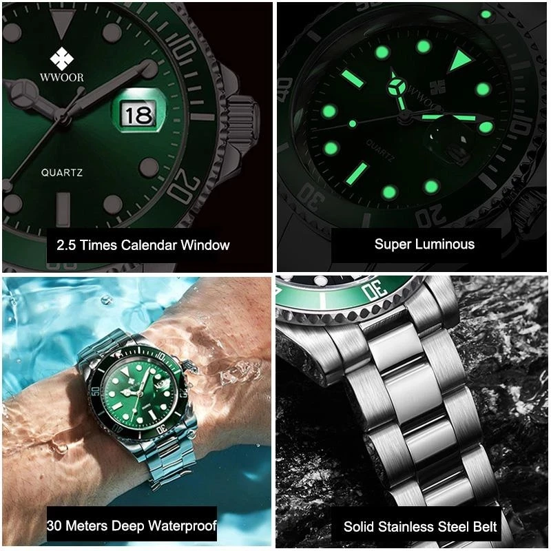 Фото Мужские часы WWOOR New Luxury Fashion Diver, водонепроницаемые 3ATM, с указателем даты, спортивные, кварцевые, наручные часы, Relogio Masculino №5