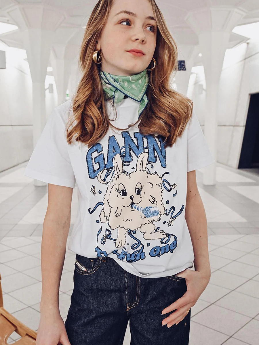 

Rabbit Graphic T-shirt 2023 Summer Women Clothes Korean Style Short Sleeve Fashion T-Shirts Female Casual Tee Shirt Tees Tops