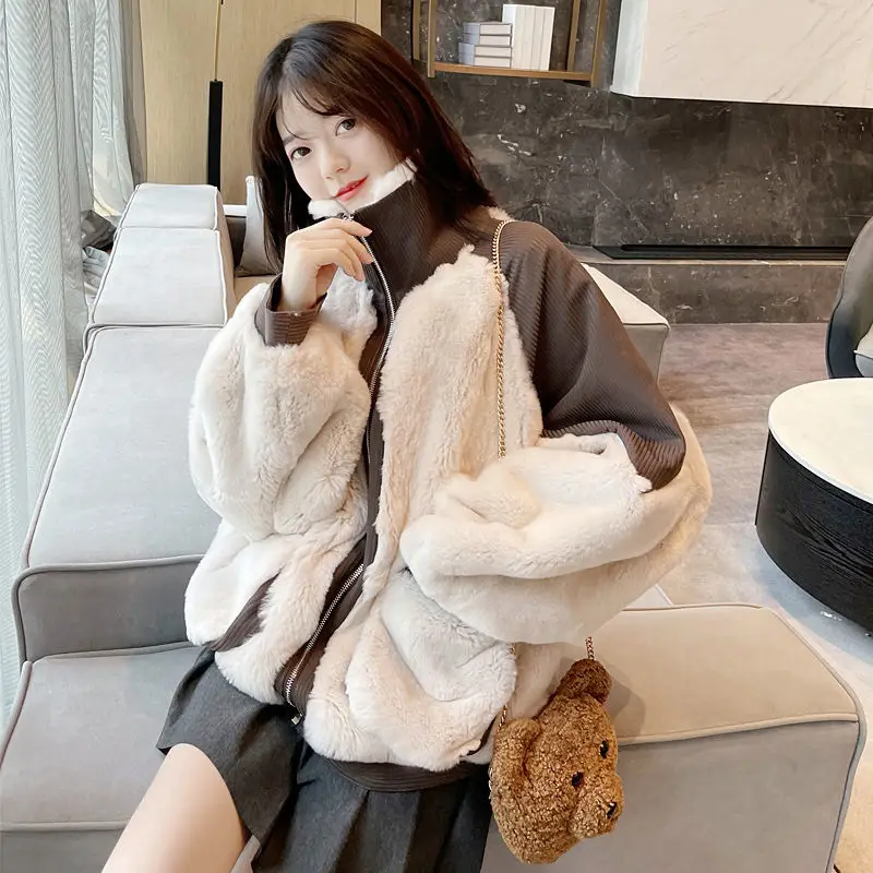 

2022 New Fashion Women Faux Rabbit Fur Coats Autumn Winter Thick Long Sleeve Korean Style Loose Furry Fur Jackets Overcoats E22