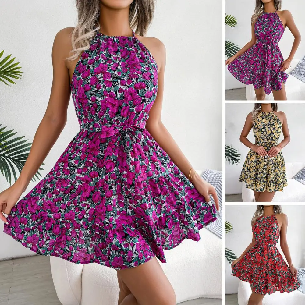 2023 New Sexy Women Summer Casual Floral Print Ruffle Halter Dress Sleeveless Flowers