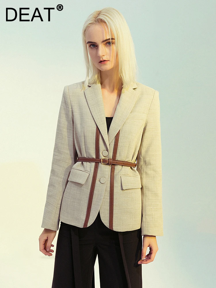 

Женский однобортный Блейзер DEAT, пиджак из искусственной кожи с отложным воротником и поясом, осень 2023