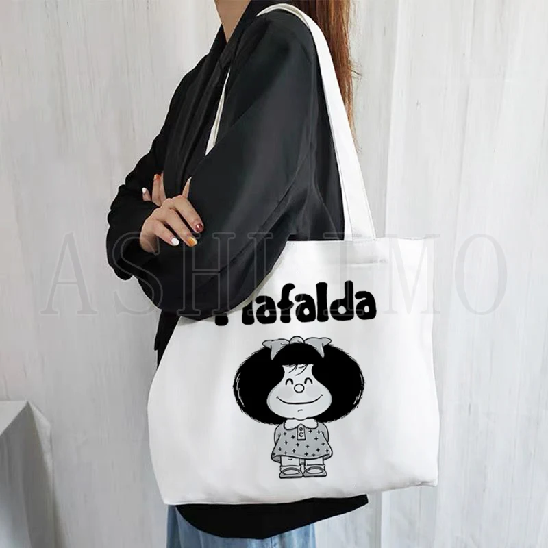 

Cartoon Mafalda Fashion Harajuku Custom Tote Bag Shopping Original Design Travel Canvas Bags High Capacity Foldable Shopper Bag