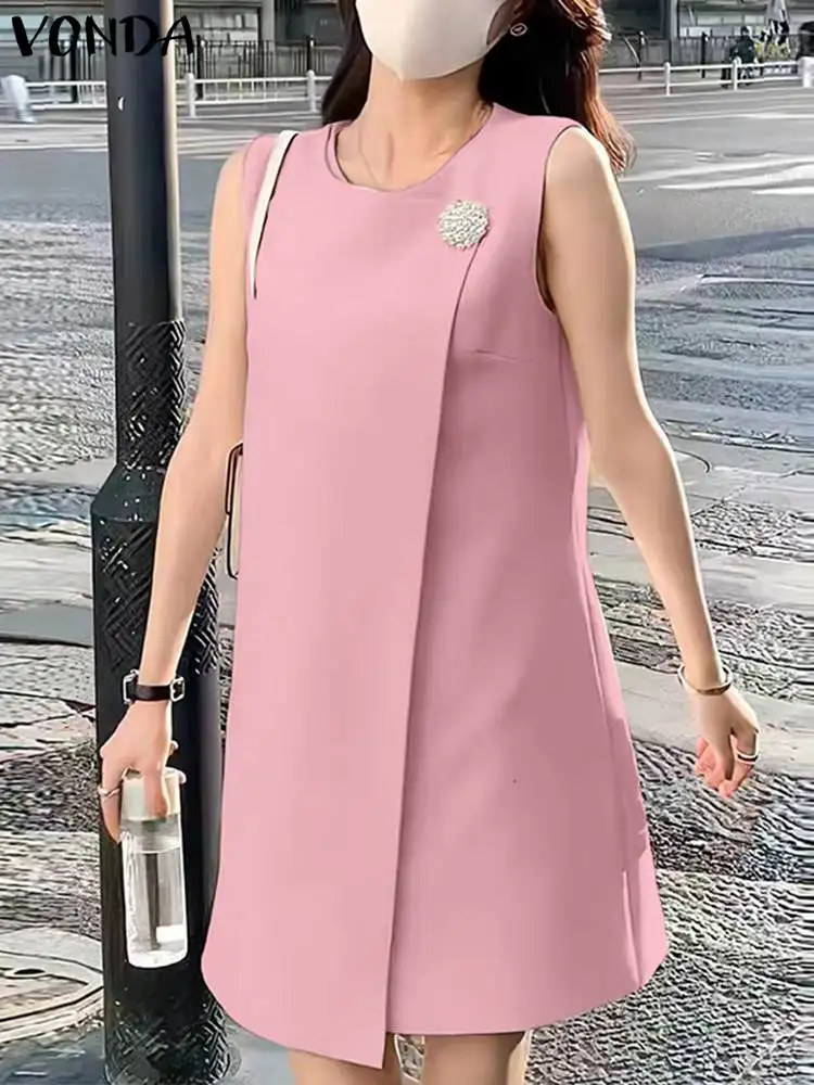 

Women Summer Dress 2023 VONDA Fashion Sexy Sleeveless Party Mini Sundress Beach Vestidos Solid Color Short Elegant Robe Femme