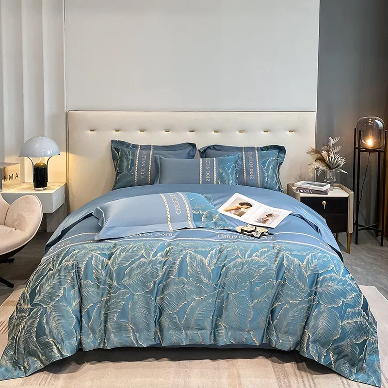 

Bedding Set Luxury Egyptian Cotton Leaf Embroidery Duvet Cover Set Bed Sheets and Pillowcases Soft Cotton Bed Sets Home Textiles