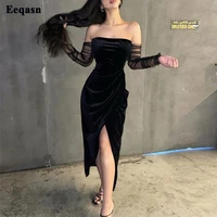 eeqasn mermaid black velvet midi prom dresses tulle long sleeves formal evening gowns high slit ankle length prom party gowns
