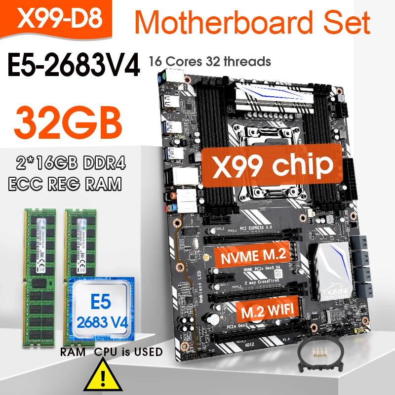 

JINGSHA X99 D8 Motherboard set with Xeon E5 2683 V4 LGA2011-3 2.1GHZ CPU 2pcs X 16GB =32GB DDR4 RAM M.2 WIFI interfac X99 Chip
