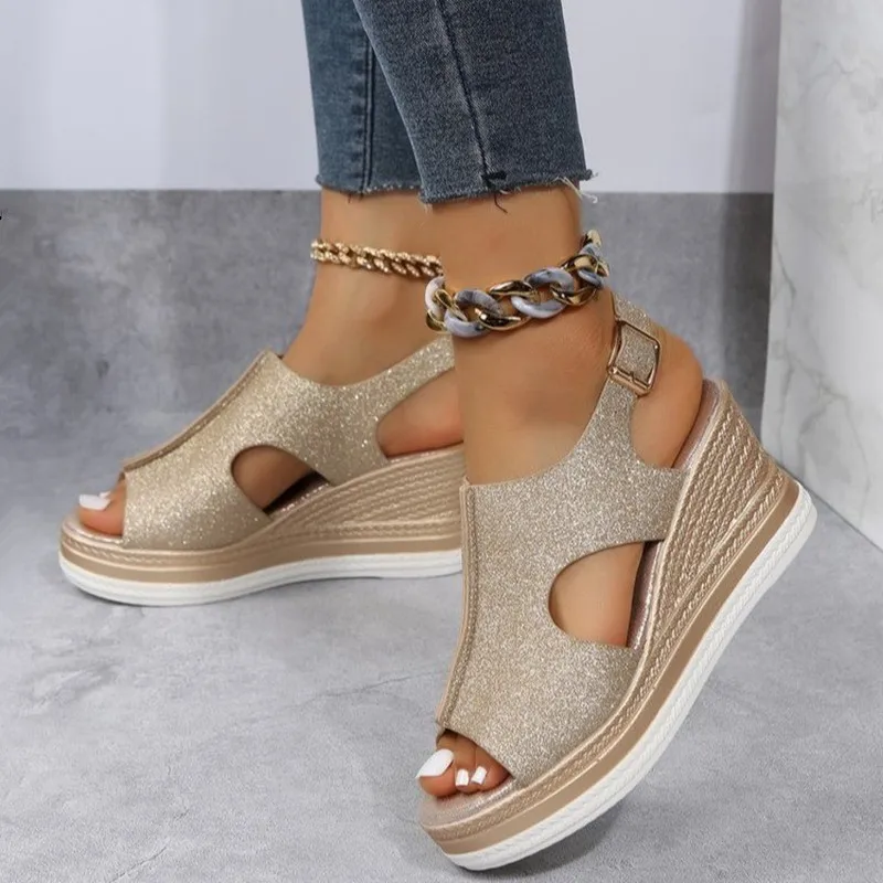 2023 Women's Casual Wedge Sandals Comfy Open Toe Glitter Color Golden Women's Summer High-heeled Sandals Sandalias De Mujer