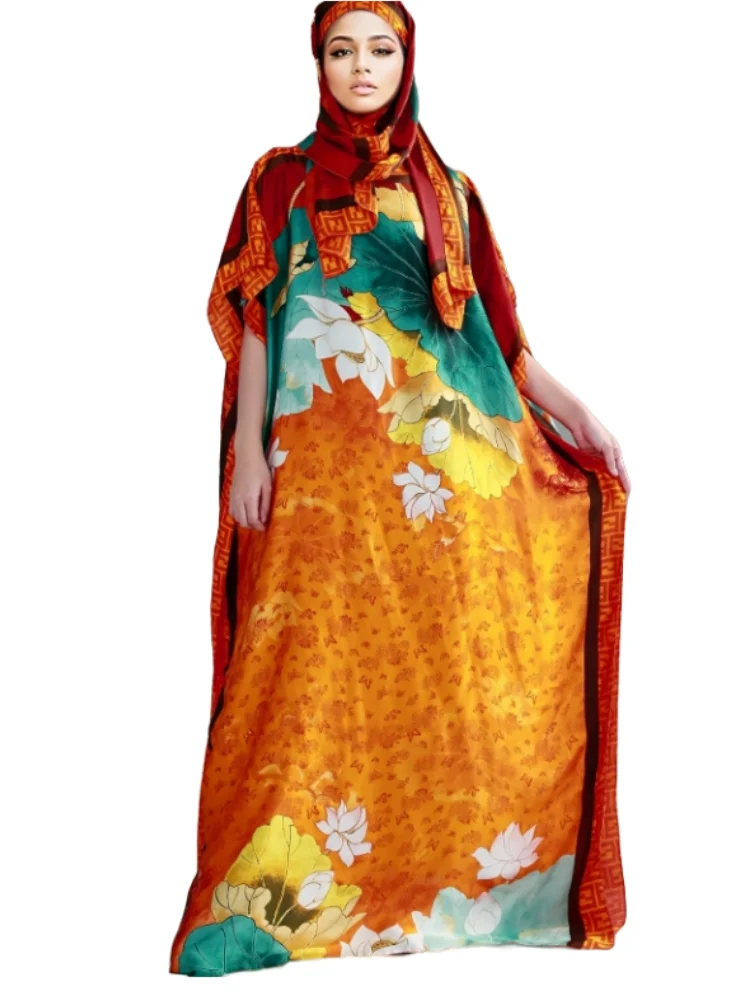 

2023 новая стильная модная африканская женская одежда большого размера Дубай Дашики абайя свободного размера с принтом и шарфом Длинное свободное платье