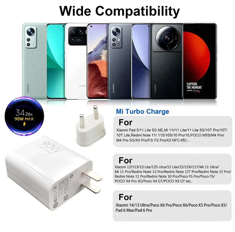 Зарядное устройство Xiaomi оригинальное зарядное 90 Вт гипер турбо Rapido Tipo C Xiao Mi 14 Ultra