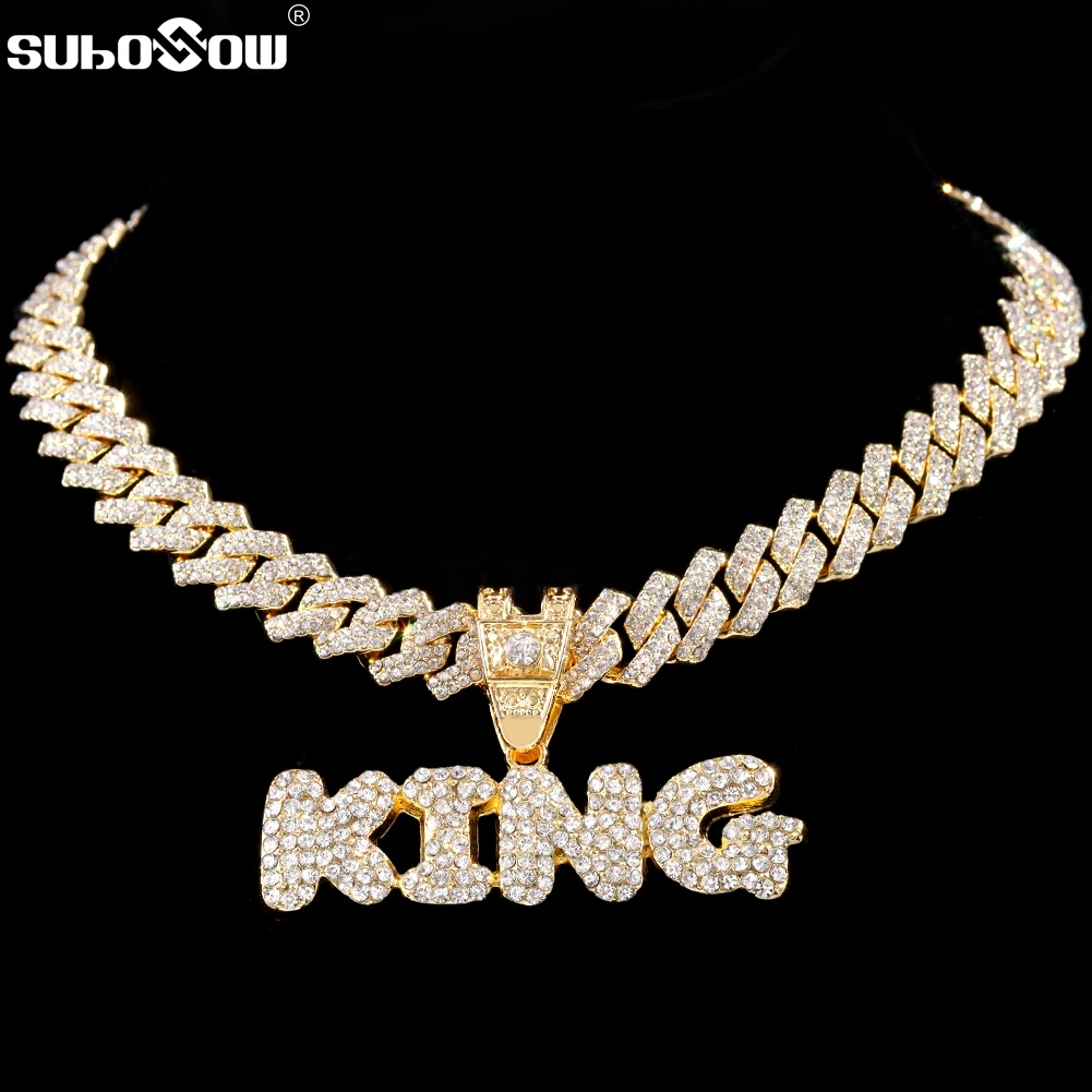 

14MM Men Women Iced Out Bling Miami Rhombus Cuban Chain Necklace Hip Hop KING QUEEN Letter Pendant Necklaces Rapper Rock Jewelry