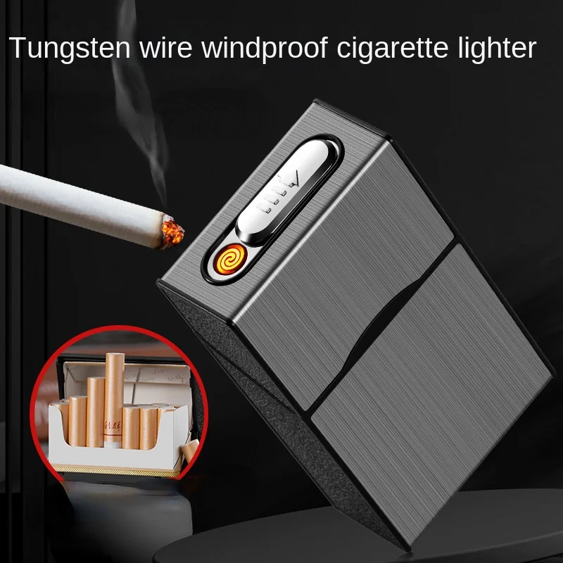 2023 New Windproof Metal 20PC Traditional Cigarette Case Tungsten Wire Flameless Lighter USB Charging, Men's Gift