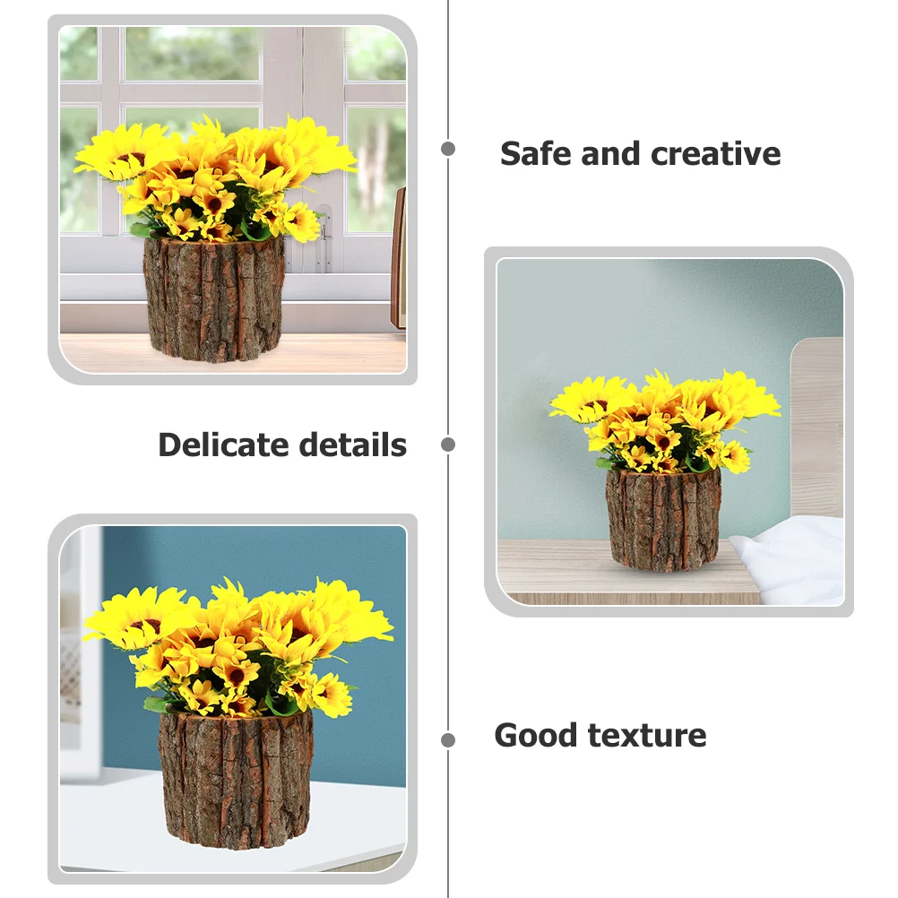 

3 Pcs Mini Artificial Plants Receptacle Home Planter Flowers Country Style Bucket Buckets Bark Flowerpot Wooden Indoor