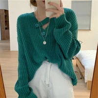 personalized button sweater womens korean style vintage loose v neck knit top 2022 autumn female fashion casual pullover