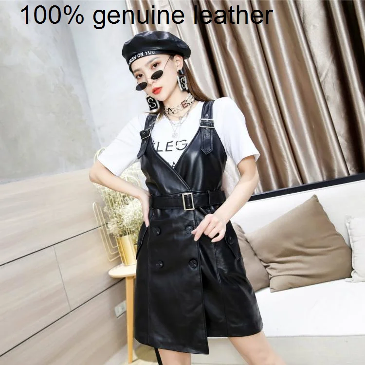 

sheepskin High Natural quality Fashion dress.genuine Women's suspender skirt.black slim leather skirts
