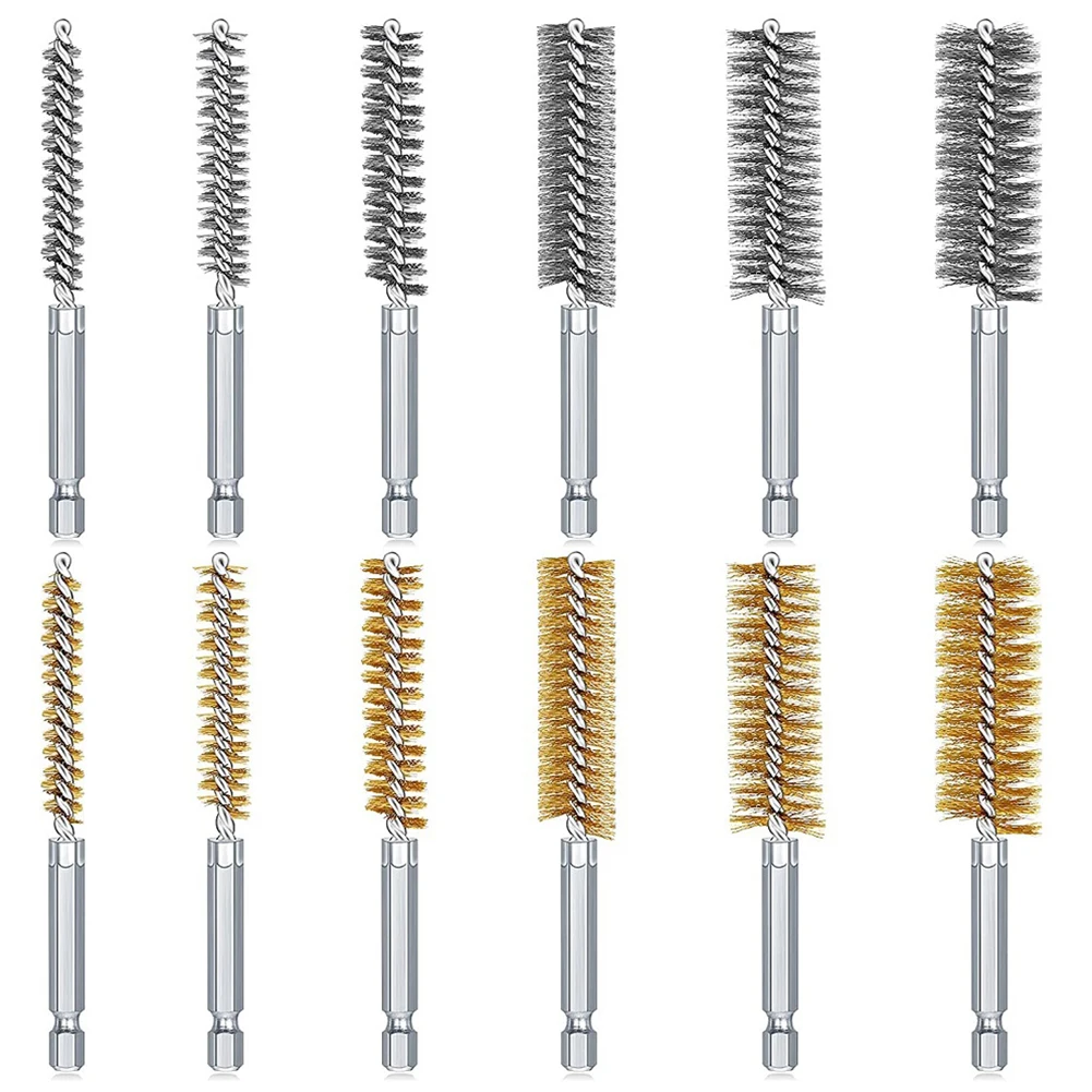 

12Pcs Steel Bore Wire Brush Stainless Steel Cleaning Brush 1/4 Inch Hex Shank For Power Drill Impact Driver Copper Wire Brush