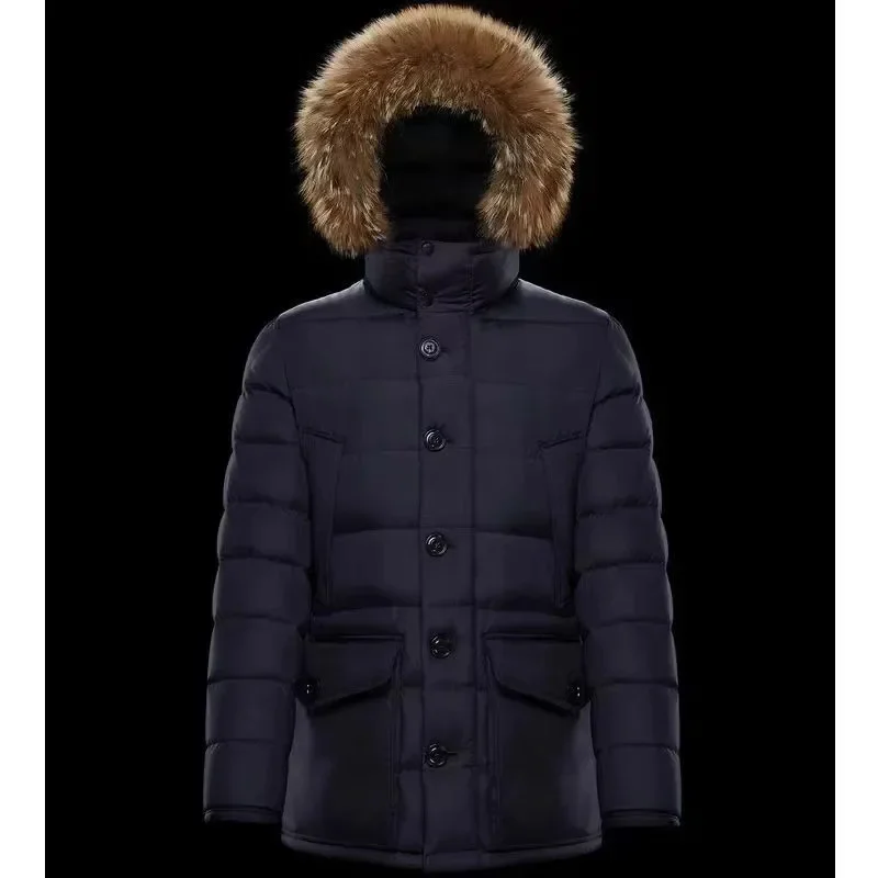 

2023 Male Long Pattern Hooded Down Jacket Y2K Casual Jacket Big Wolf Hair Collar Single-breasted Parka Warm Fashion Coats