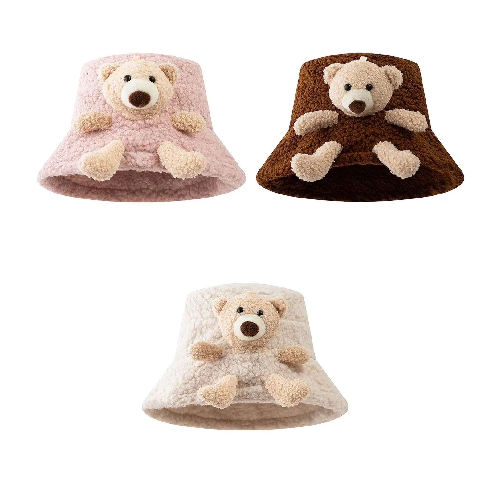 

Womens Fleece Bucket Hat 3D Stuffed Bear Winter Hats Casual Trendy Windproof Basin Hat Fisherman Hat for Cold Weather Outdoor