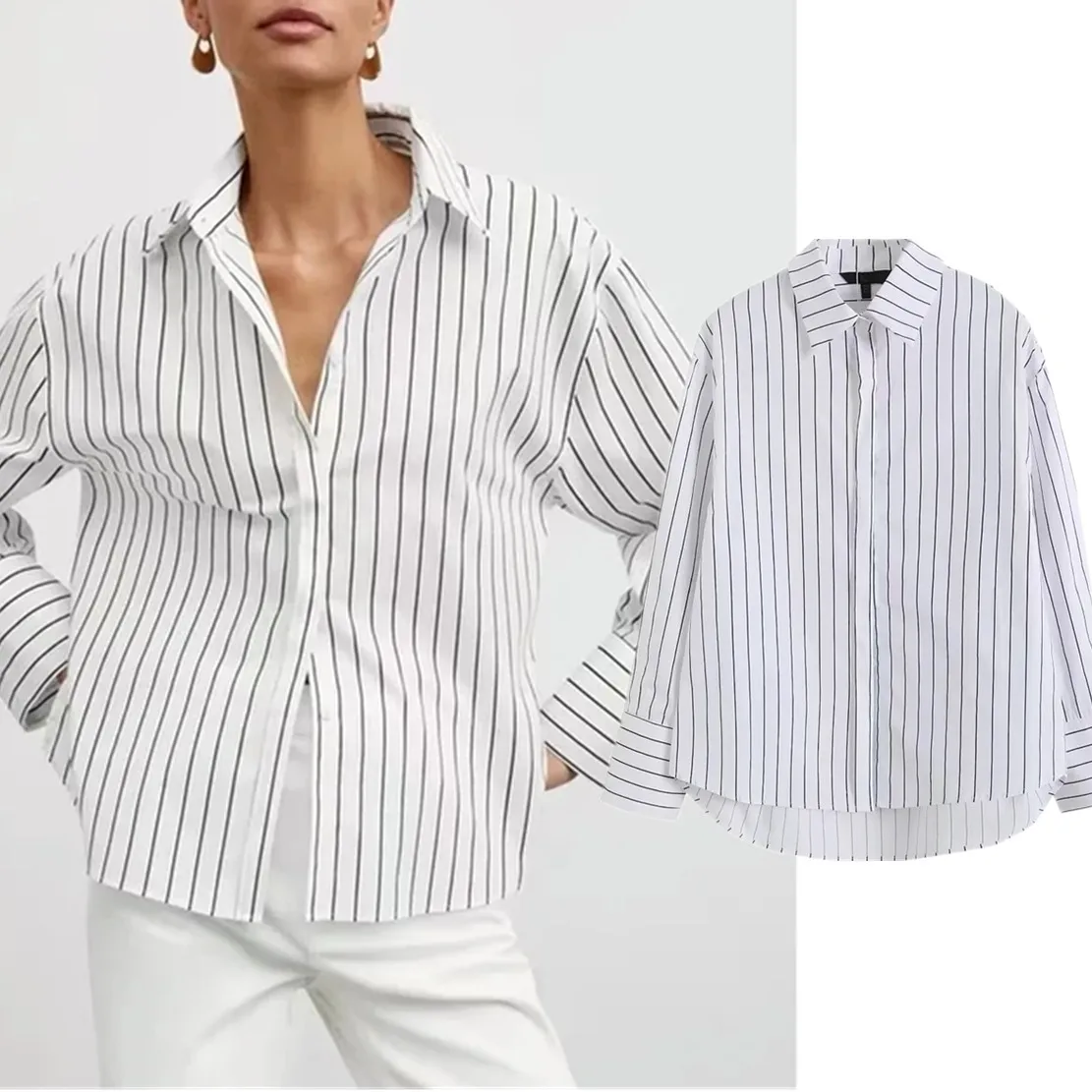 

Maxdutti Simple Striped Loose Shirts Casual Cotton Blouse Women England Style Fashion Blouse