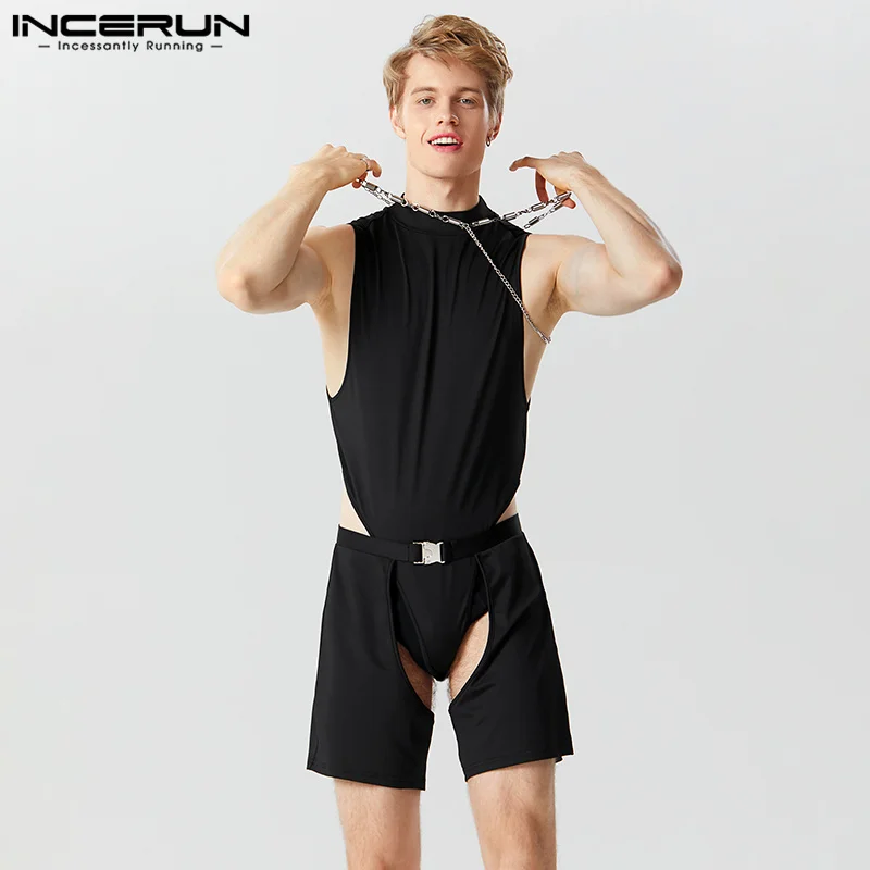 

INCERUN Sexy Fashion Sleeveless Jumpsuits Handsome Men's Solid Triangular Rompers Hollow Shorts Casual Hollowed Sets S-5XL 2023