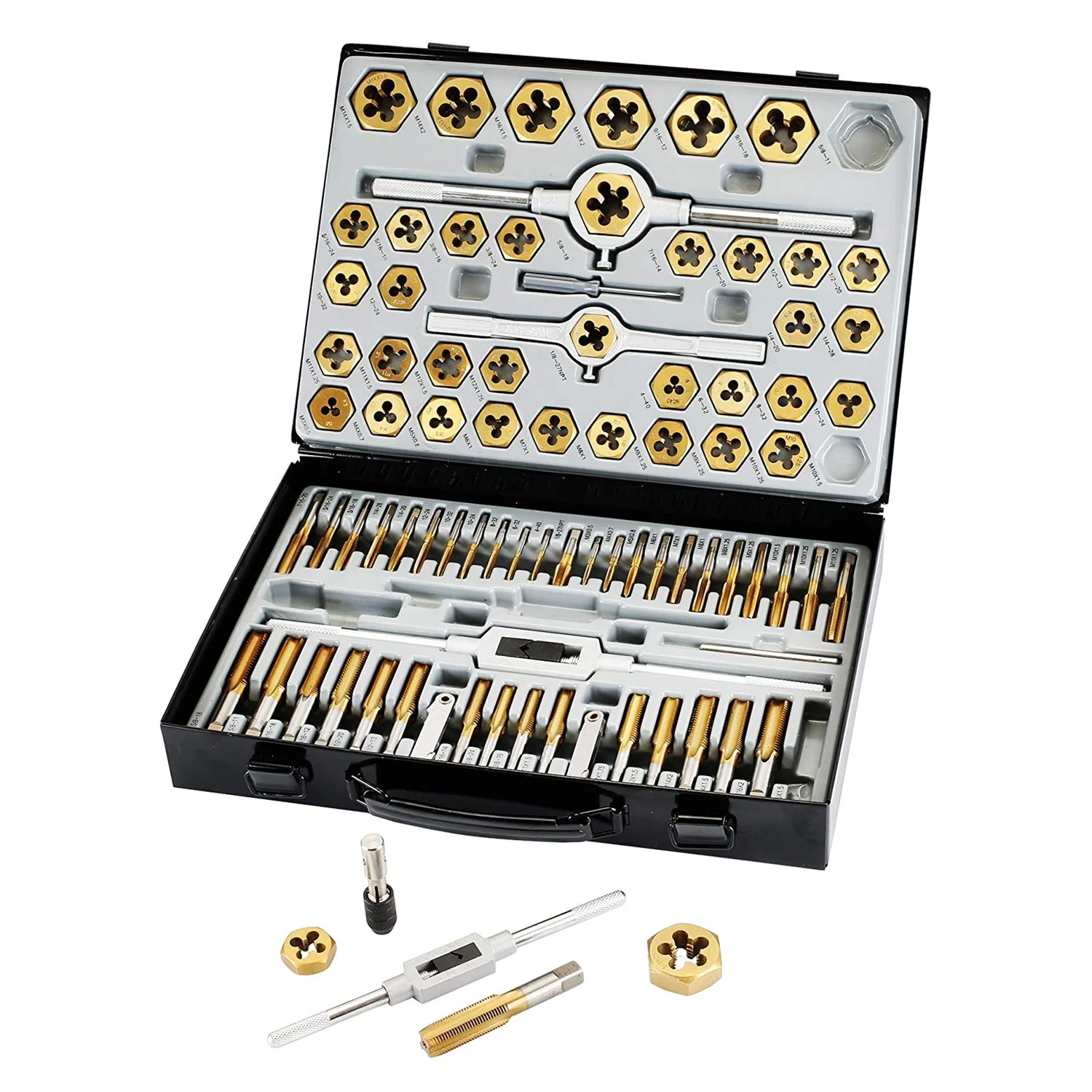 

86 Piece Tap and Die Set Bearing Steel and Metric Tools, Titanium Coated with Metal Carrying Case