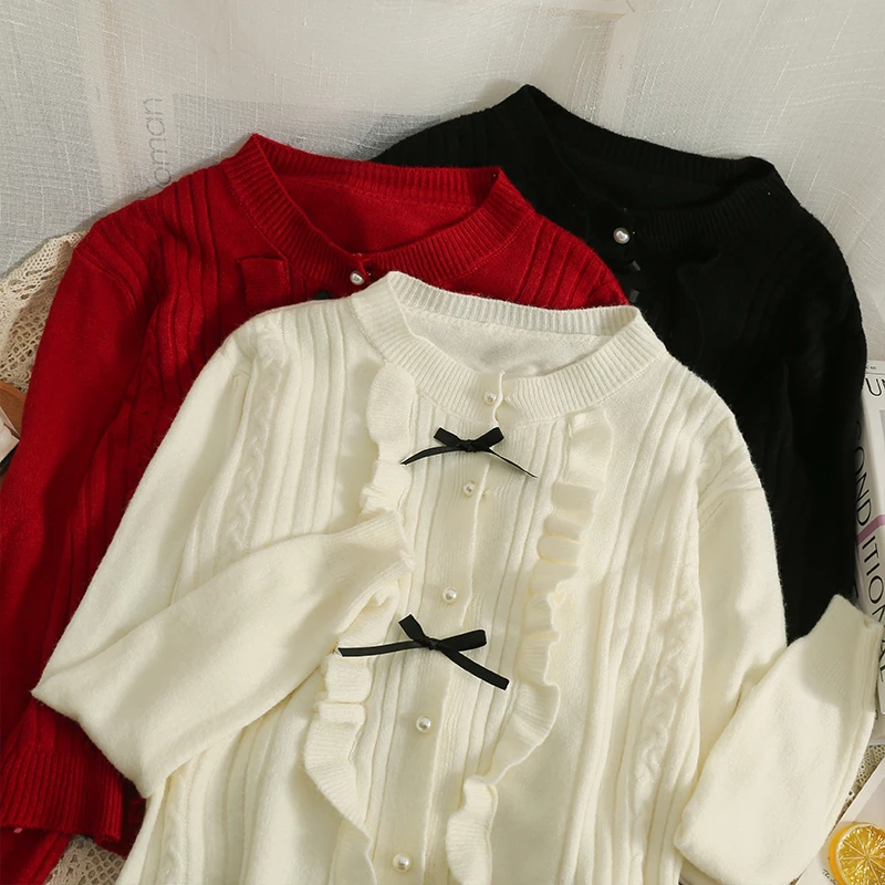 

Женский винтажный кардиган с оборками, элегантный свитер с длинным рукавом и бабочкой, однобортный трикотажный пуловер в Корейском стиле