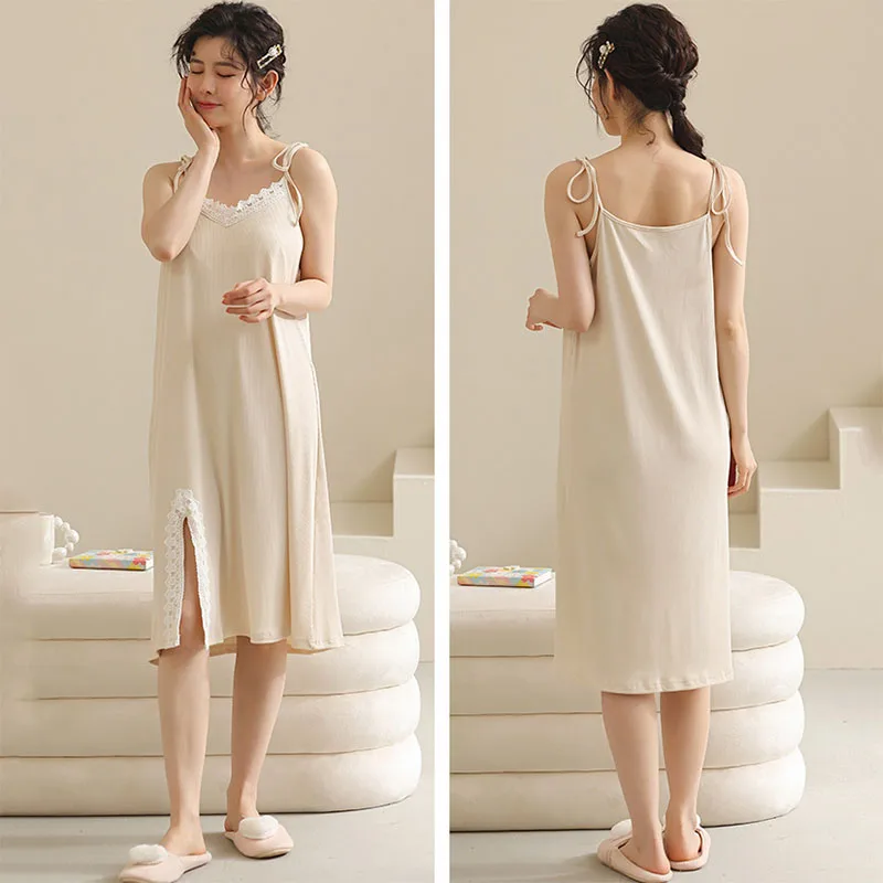 

Sexy V-neck Nightgown Dress Underwear Women Soft Modal Lace Sleepwear Nightwear Sleeveless Nighties Home Wear