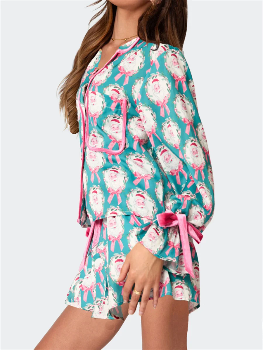 2025 Рождественские пижамы для женщин с галстуком-бабочкой рубашка длинными