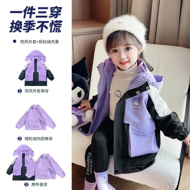 

Sanrio Kids Kuromi Jacket for Girls Kawaii Spring, Autumn and Winter Plus Velvet Windproof Three-in-one Detachable Top Girl Gift