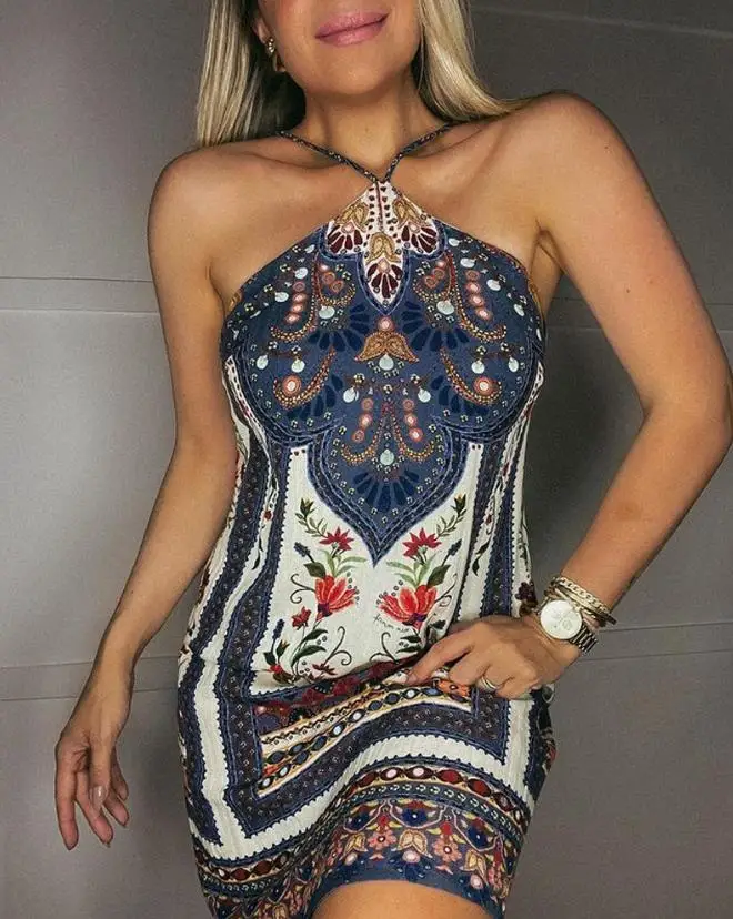 

2023 Summer New Fashion Sexy Popular Women's Sleeveless Tribal Floral Print Asymmetrical Neck Tied Detail Mini A Line Dress