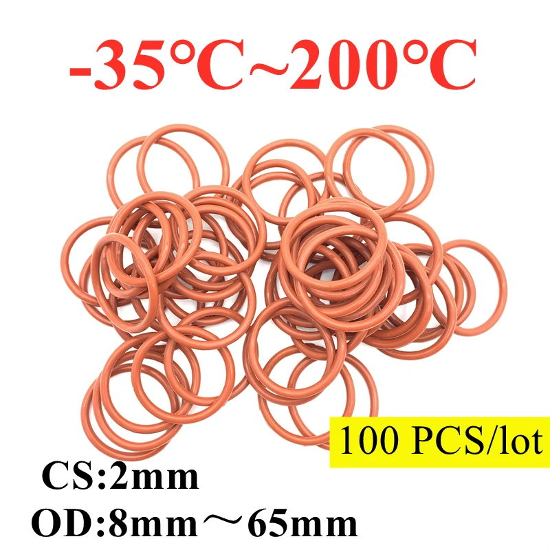 

100pcs Red VMQ Silicone O Ring CS 2mm OD 5mm ~ 65mm FoodGrade Waterproof Washer Rubber Insulated O Shape Seal Gasket