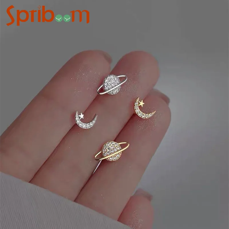 

Star Moon Zircon Stud Earrings for Women Asymmetry Planet Earring Simple Piercing Jewelry Y2K Accessories Girls Gift
