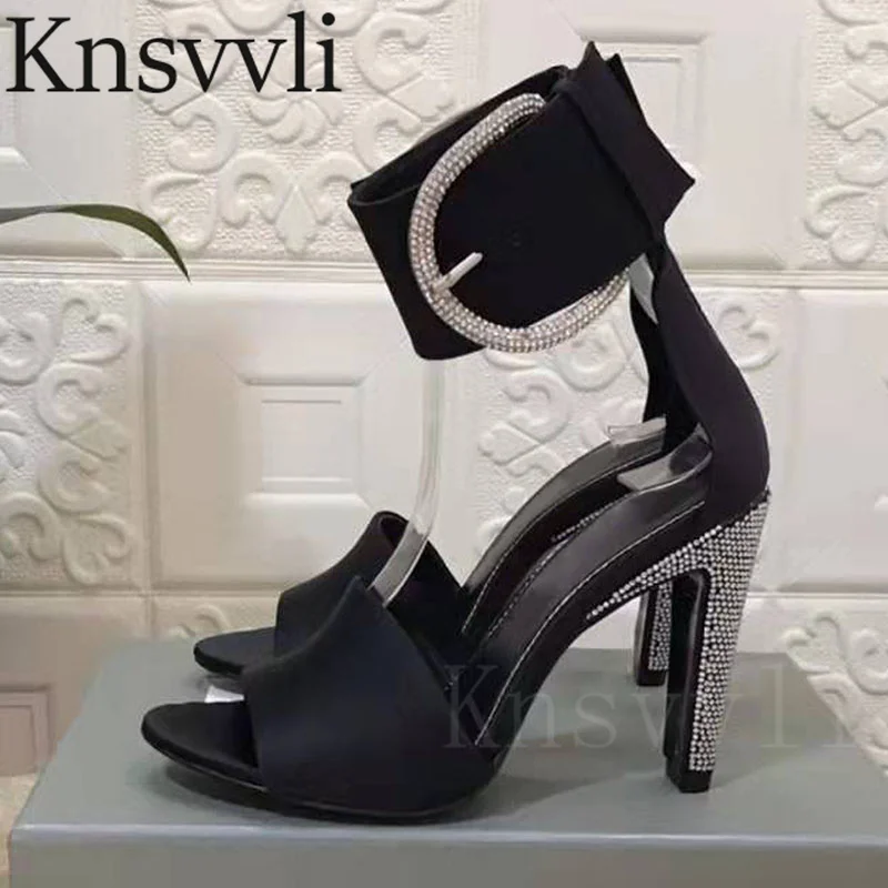 

Novelty High Heels Sandals Women Buckle Strap Cover Heel Pumps Shoes Women Satin Crystal Heels Peel Toe Sandals Woman 35-43 Size