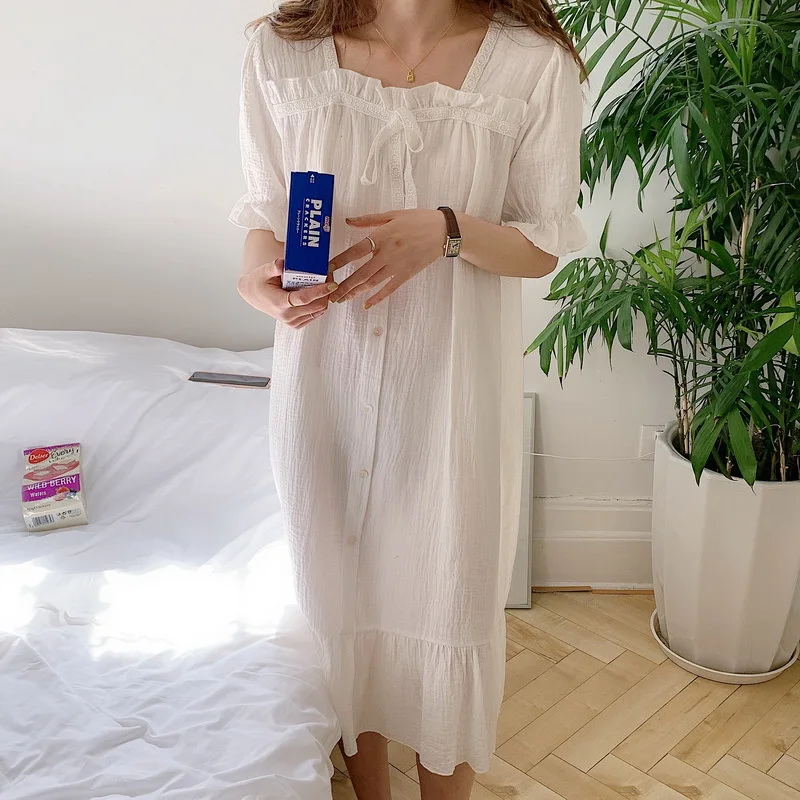 Pajamas Nightdress for Women Cotton Korean Style Home Clothes Lace Decorative Bow Maxi Dress Vestidos Woman Nightgown Sleepwear