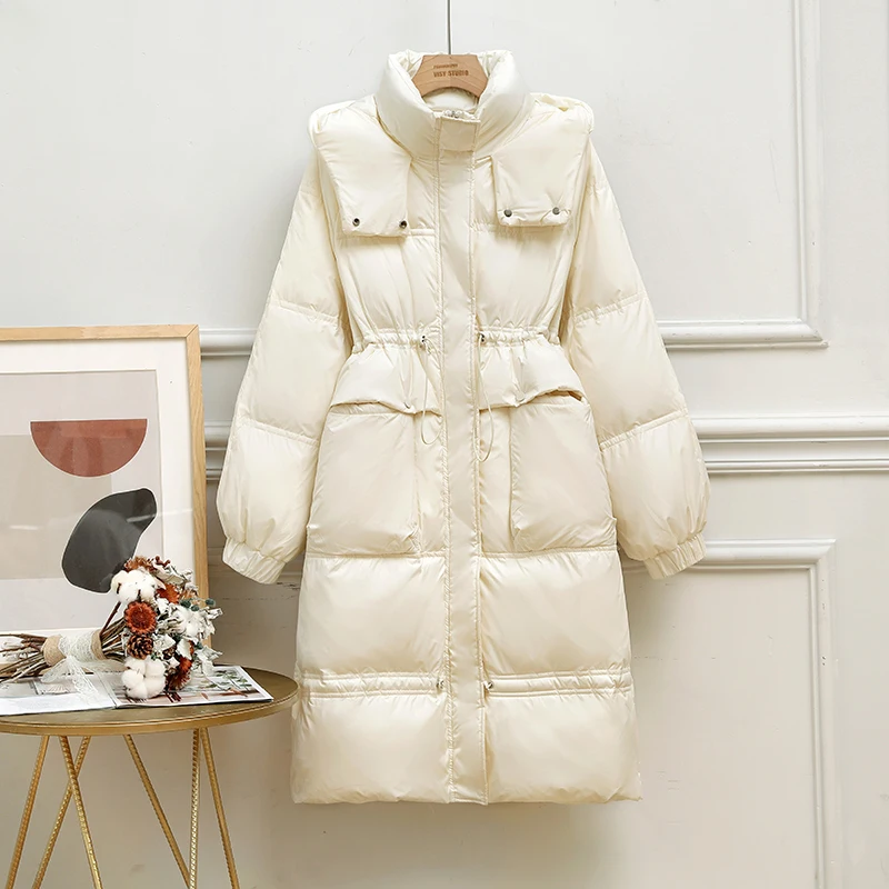 2022 Women's Winter New White Duck Down Mid-Length Coat Korean Version Loose Waist Hooded Down Jacket Clothes