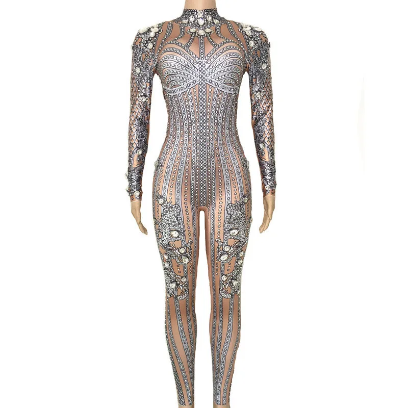 

Big Stones Bodysuit Women's Performance Party Celebrate Silver Sparkly Rhinestones Jumpsuit luxurious Costume Dance Clothing